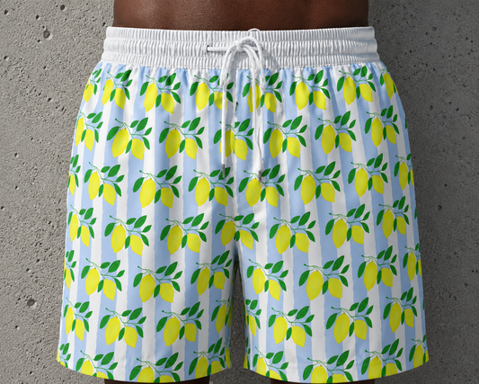 Men Swimwear | Lemon Stripe Swim Trunks | Men's Summer Beach Shorts
