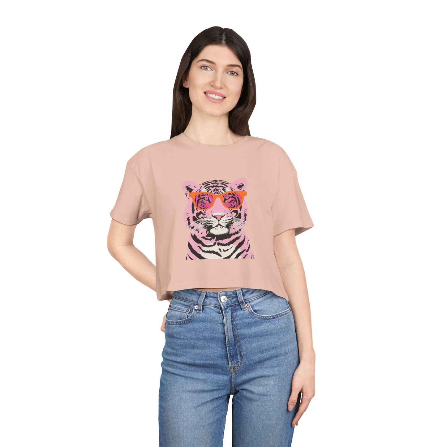 Tee | Pink Tiger Crop Tee | Cute Graphic Cotton Shirt