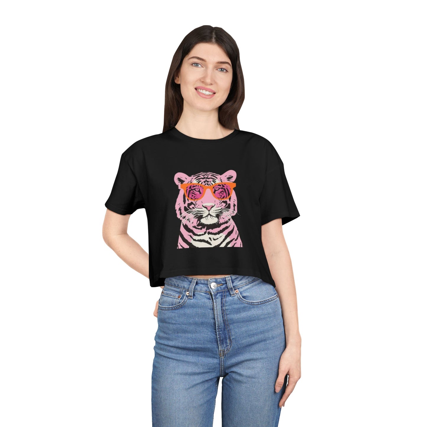 Tee | Pink Tiger Crop Tee | Cute Graphic Cotton Shirt