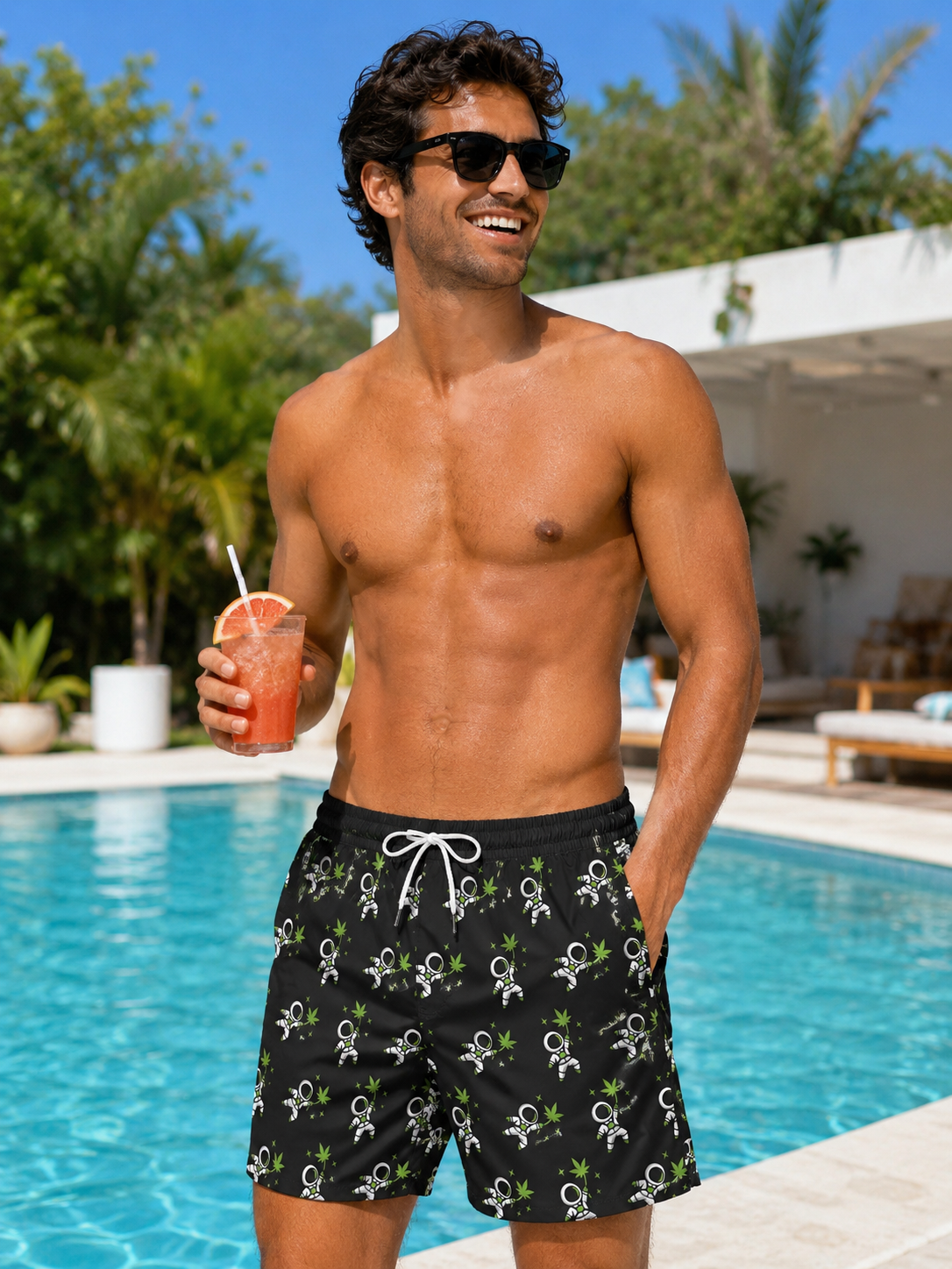 Men Swimwear | Custom Logo Pattern Swim Shorts | Black Branded Beach Shorts