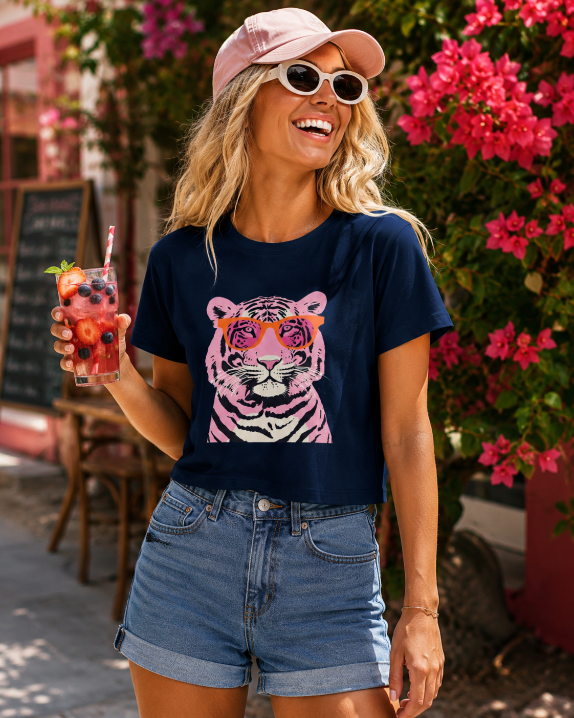 Tee | Pink Tiger Crop Tee | Cute Graphic Cotton Shirt