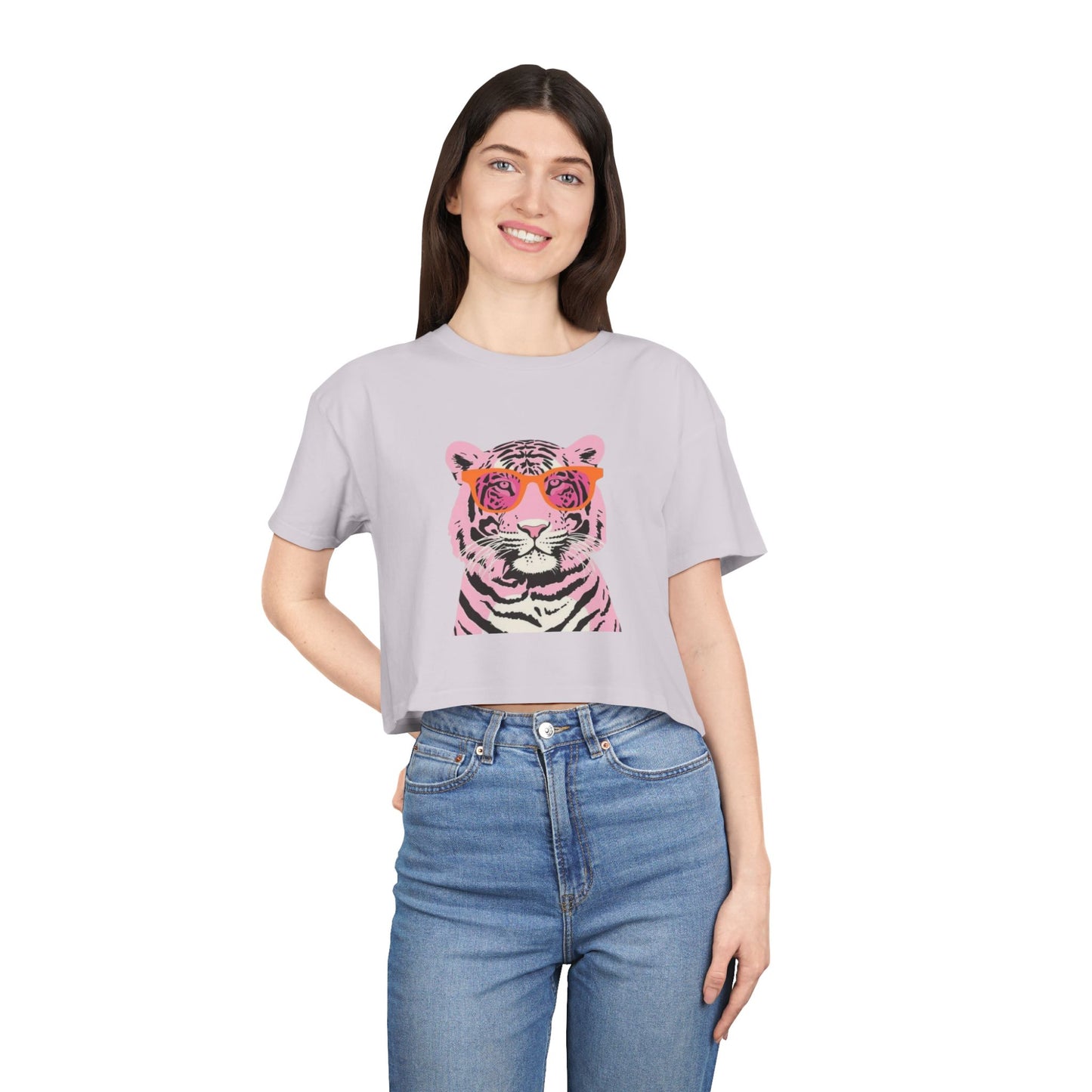 Tee | Pink Tiger Crop Tee | Cute Graphic Cotton Shirt