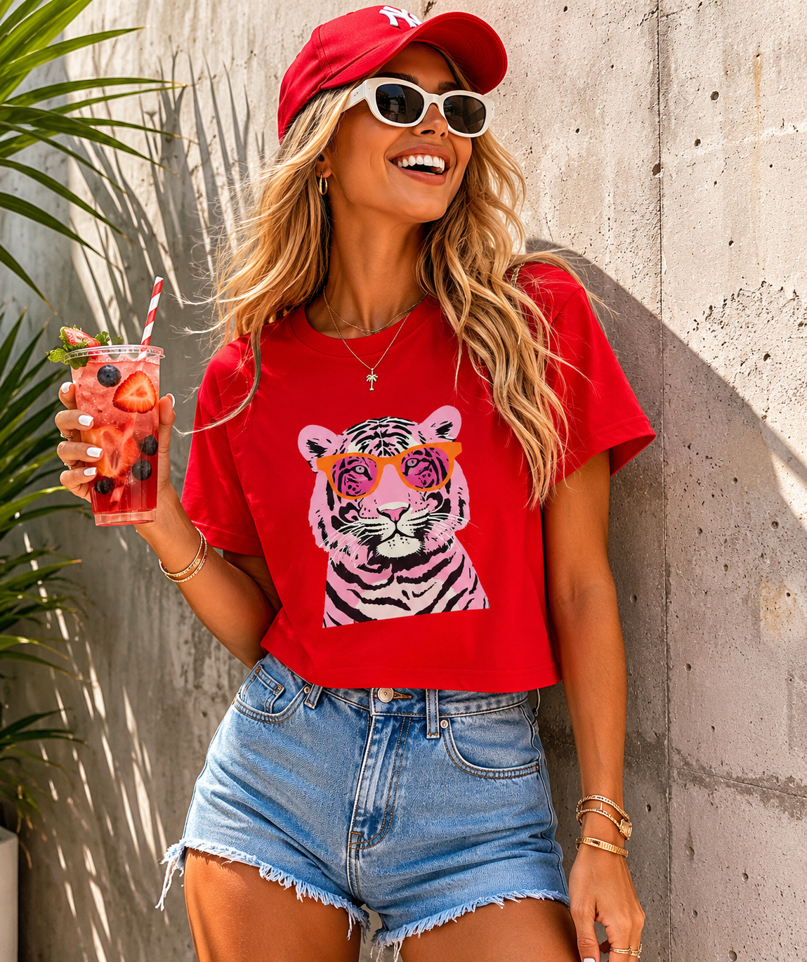 Tee | Pink Tiger Crop Tee | Cute Graphic Cotton Shirt