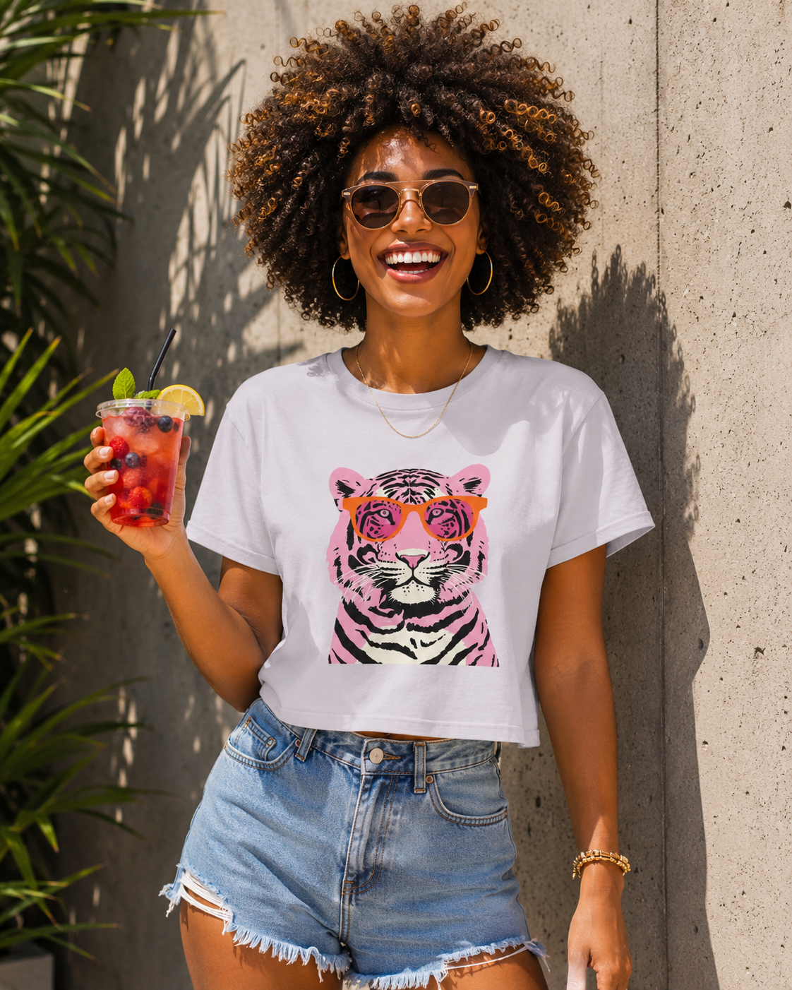 Tee | Pink Tiger Crop Tee | Cute Graphic Cotton Shirt