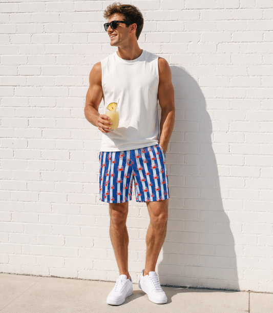 Men Swimwear | Crab Stripe Swim Trunks | Men's Coastal Swim Shorts