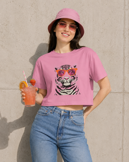 Tee | Pink Tiger Crop Tee | Cute Graphic Cotton Shirt