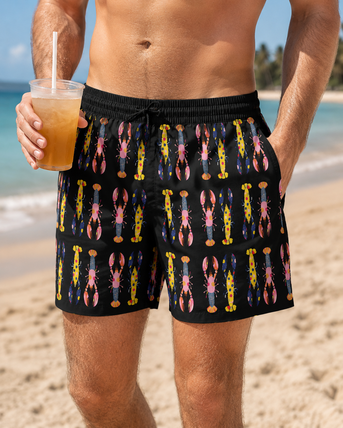 Men Swimwear | Lobster Swim Trunks | Men's Coastal Graphic Beach Shorts